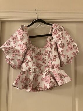 Pink Floral Puff-Sleeve Peplum Blouse